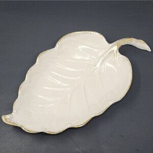 California Pottery Ceramic White Leaf Dish Bowl With Gold Trim Vintage 15" MCM